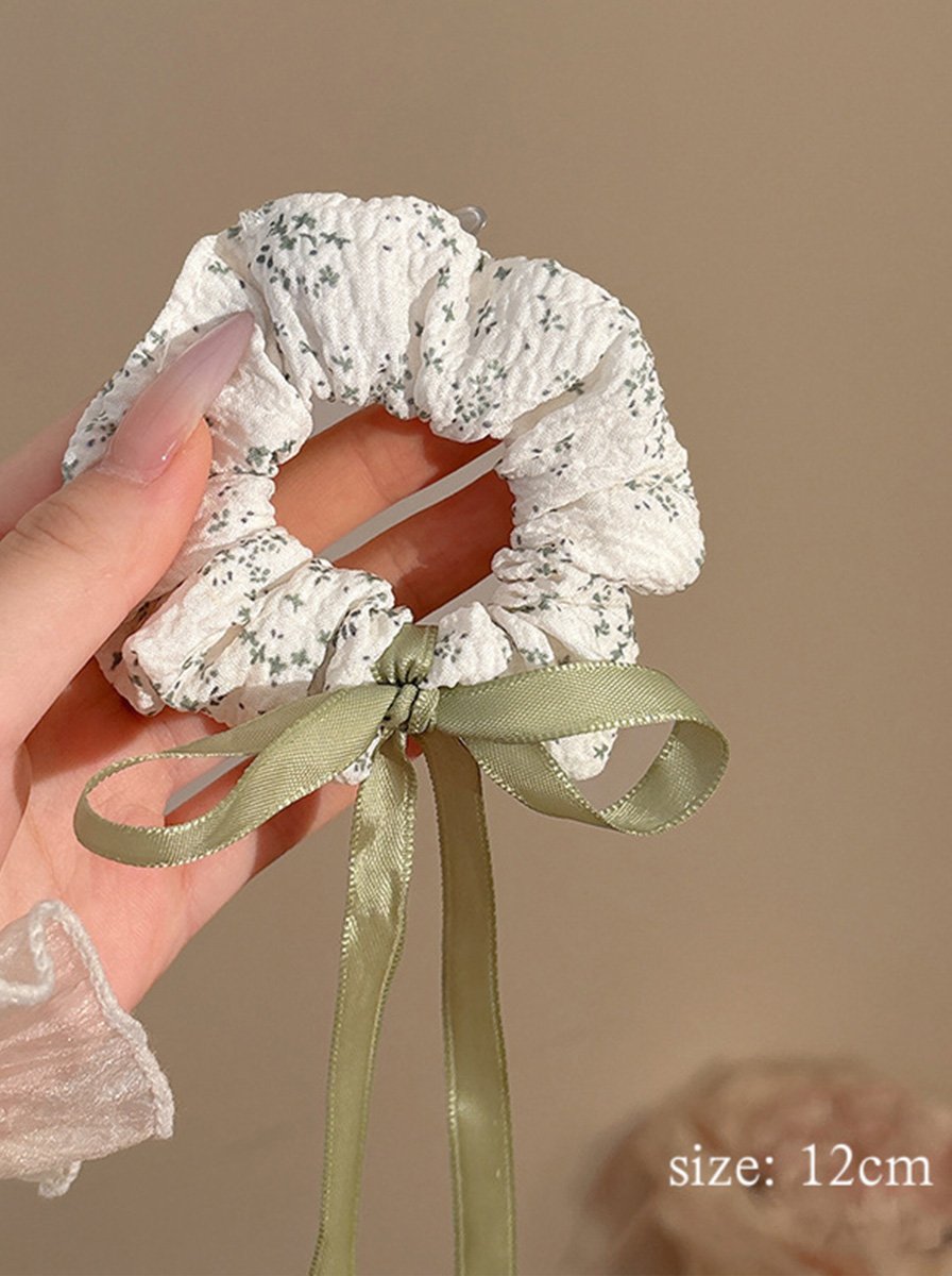 White Crinkle Scrunchie with Floral Print, 12cm