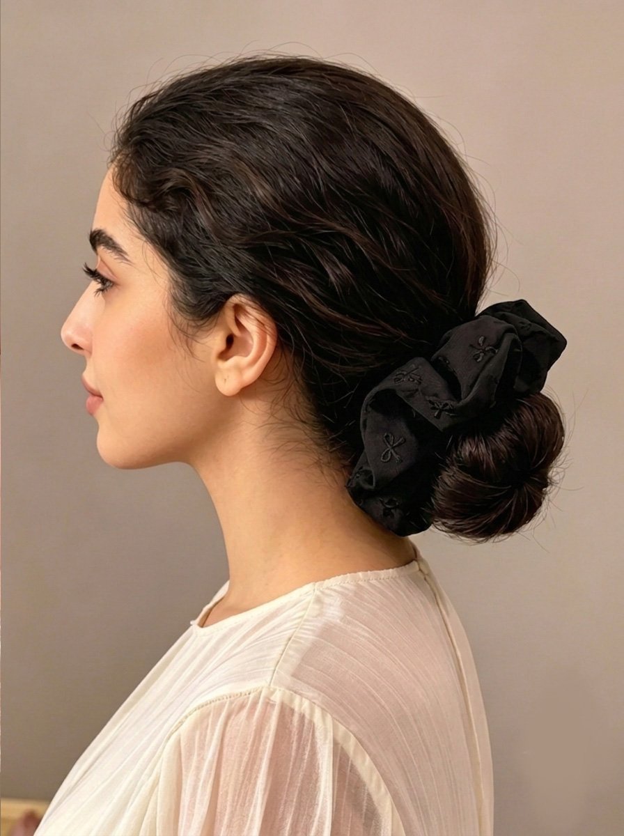 Black Soft Twill Scrunchie with Embossed Bow Pattern, 13cm