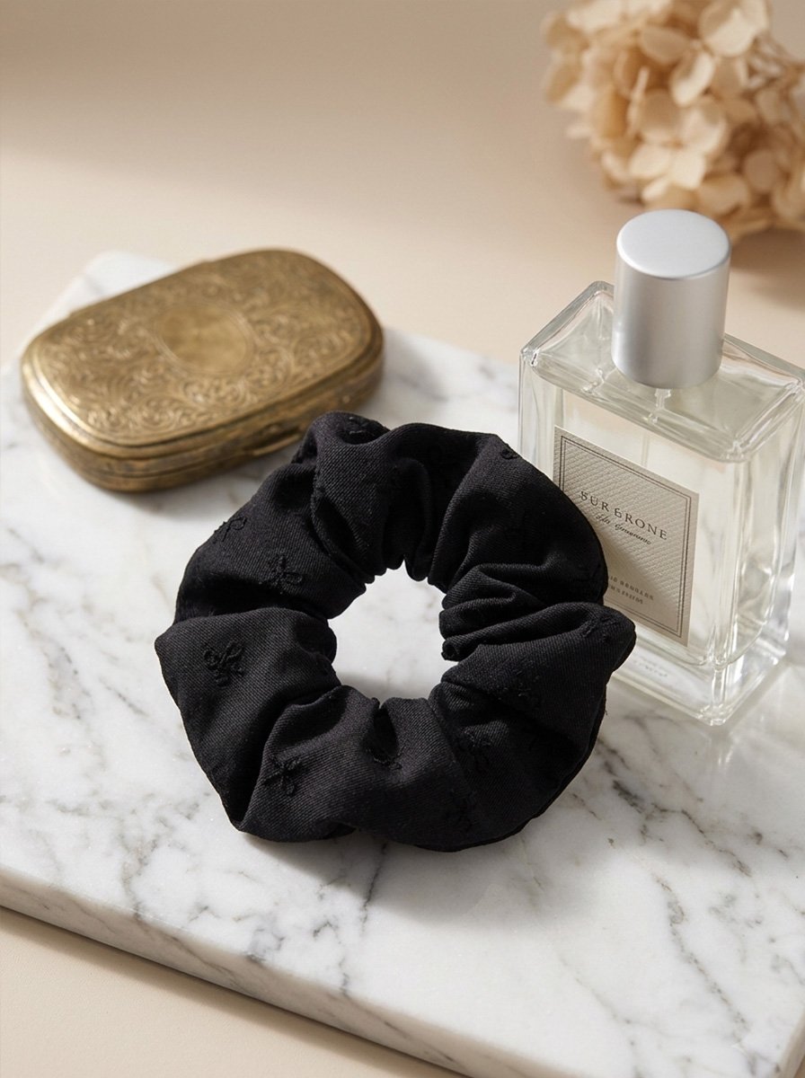 Black Soft Twill Scrunchie with Embossed Bow Pattern, 13cm