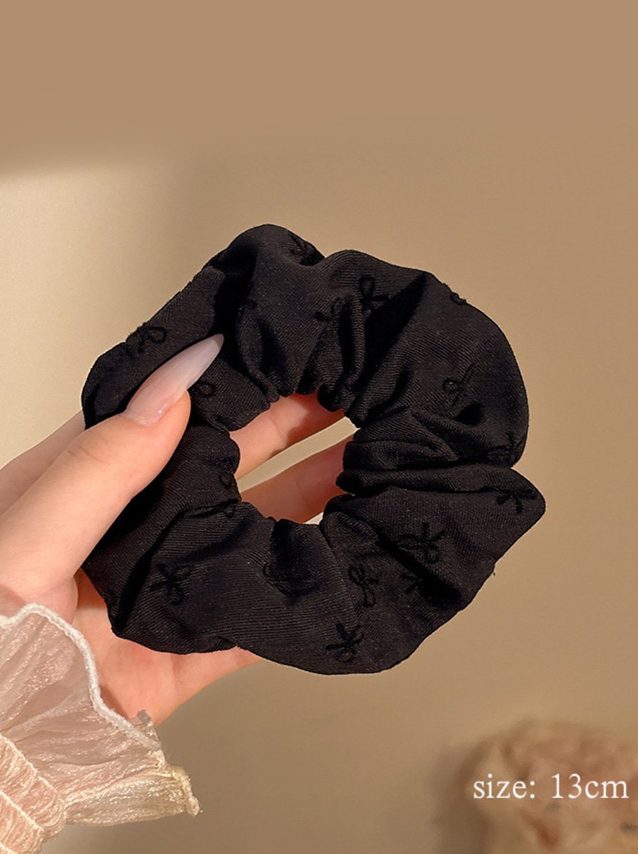 Black Soft Twill Scrunchie with Embossed Bow Pattern, 13cm