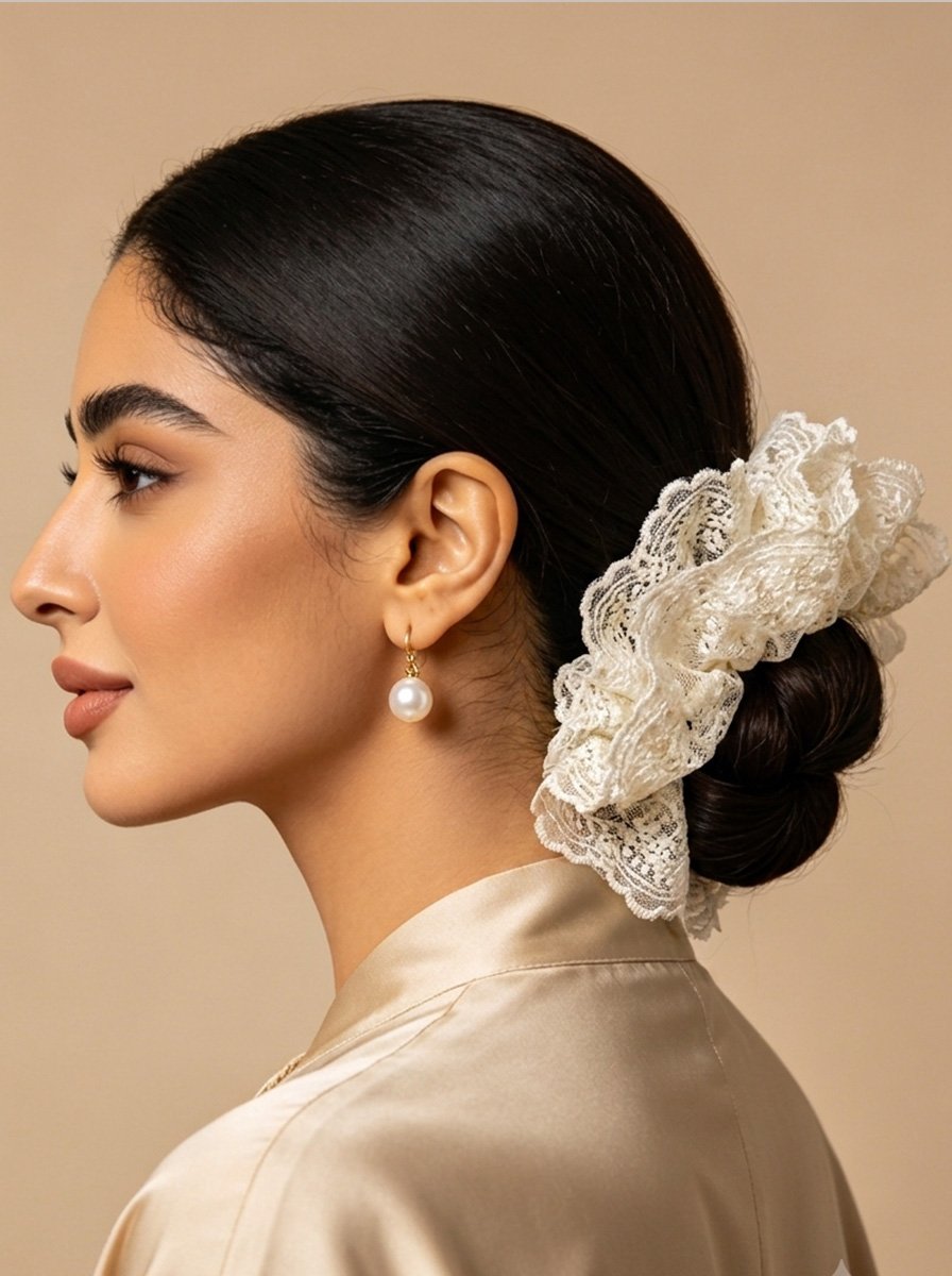 Cream Floral Embroidery Lace Scrunchie, 18cm