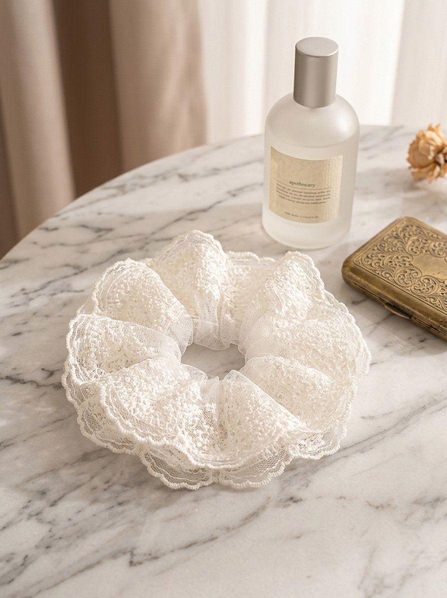 Cream Floral Embroidery Lace Scrunchie, 18cm