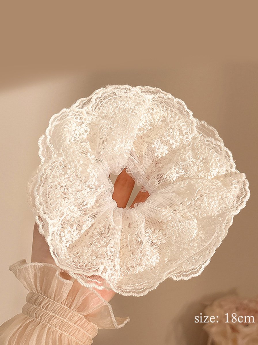 Cream Floral Embroidery Lace Scrunchie, 18cm