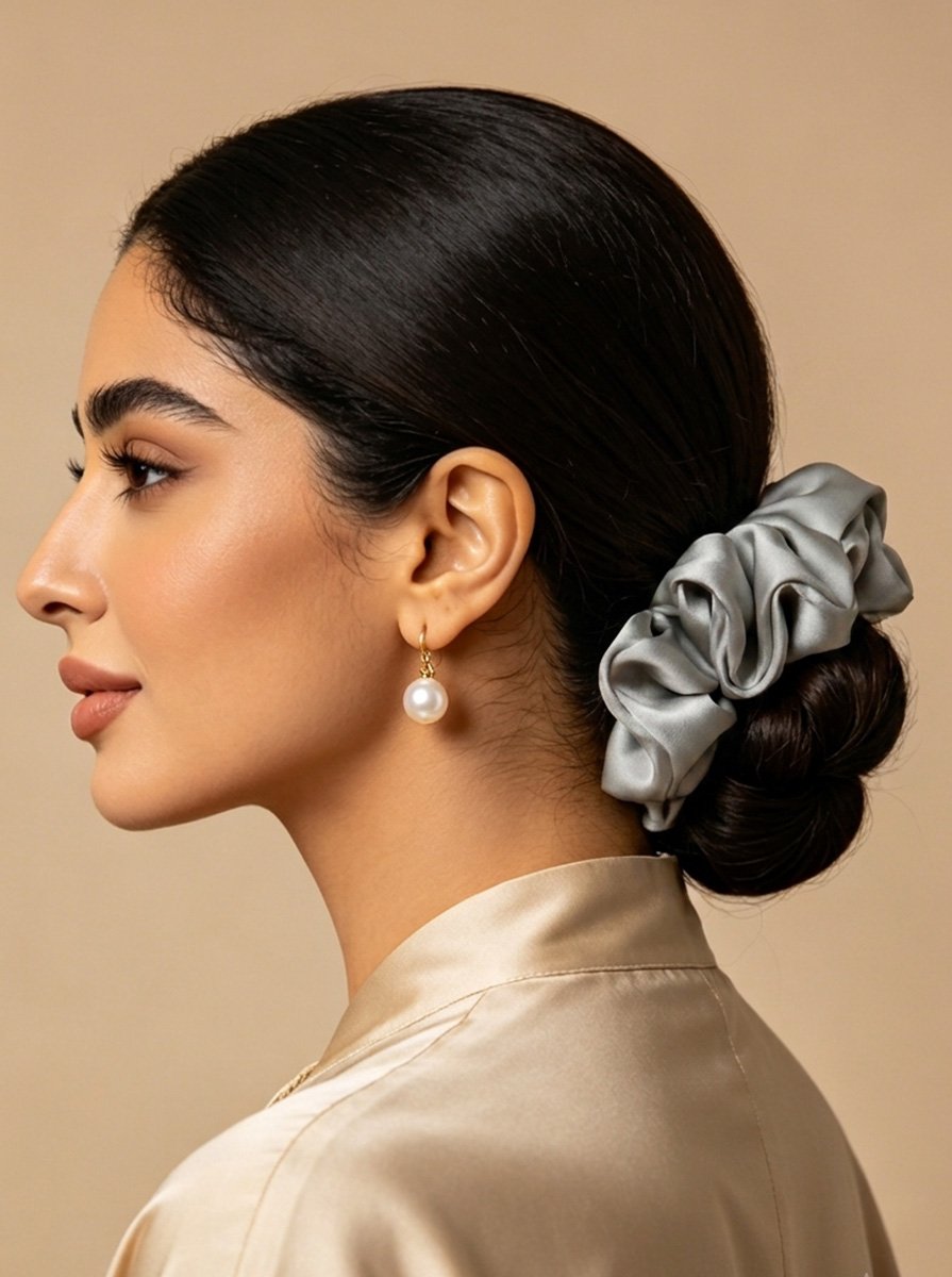 Light Grey Glossy Satin Medium Scrunchie