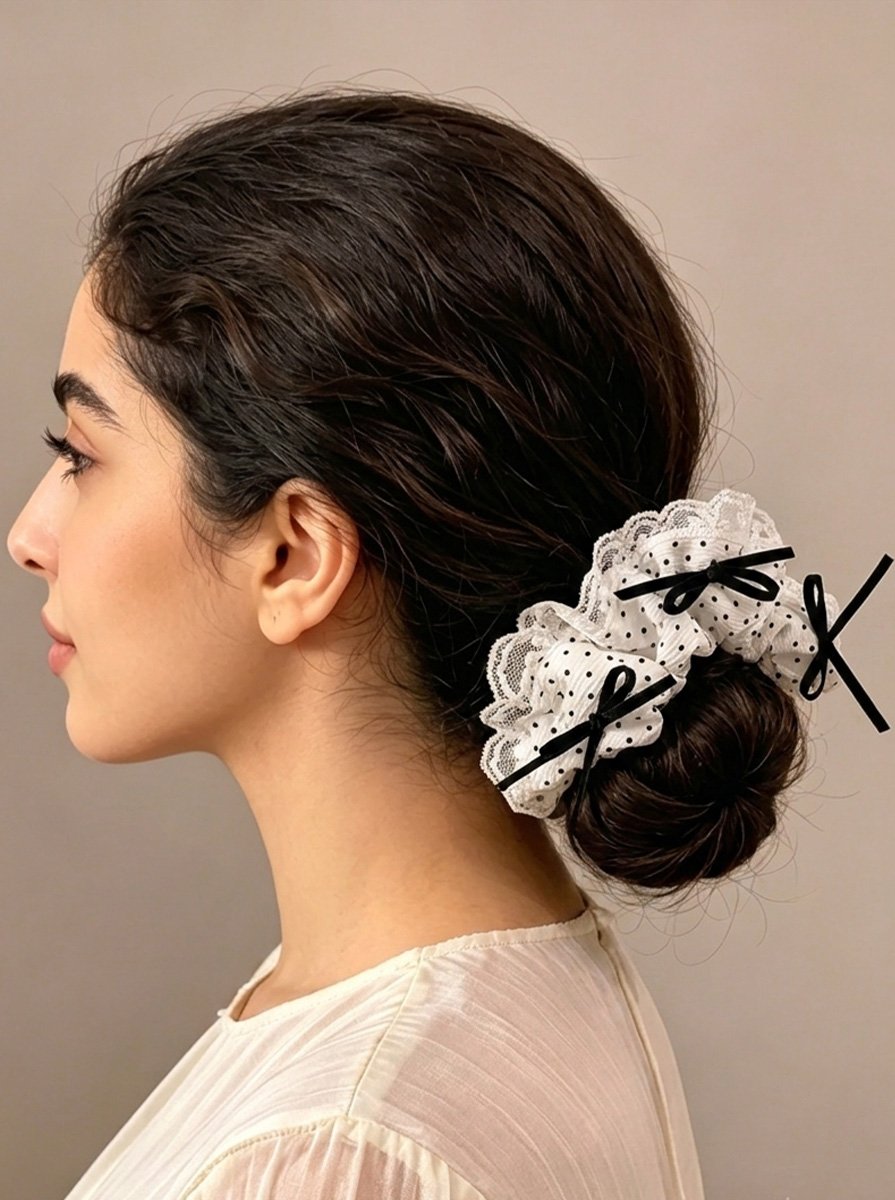 White Crinkle Polka Dot Scrunchie with Lace Ruffle Trim, 14cm