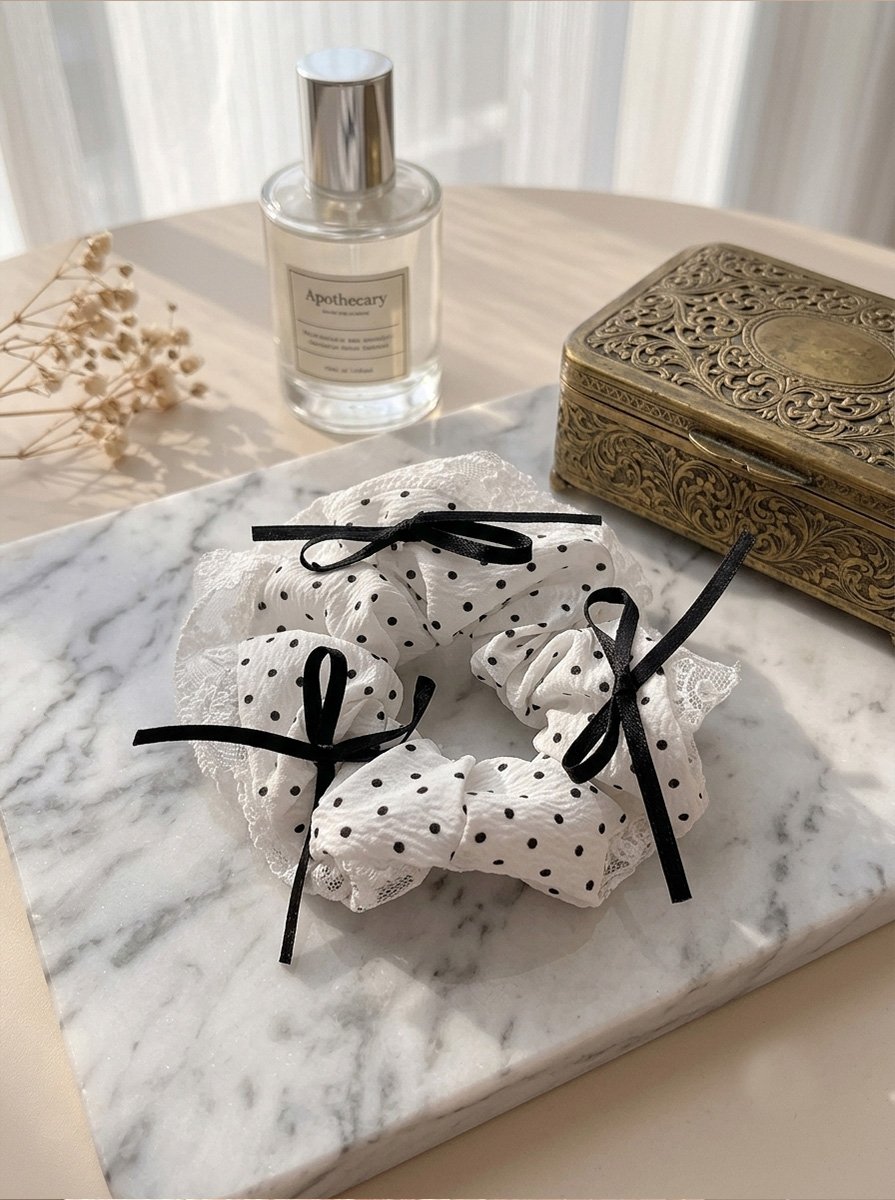 White Crinkle Polka Dot Scrunchie with Lace Ruffle Trim, 14cm