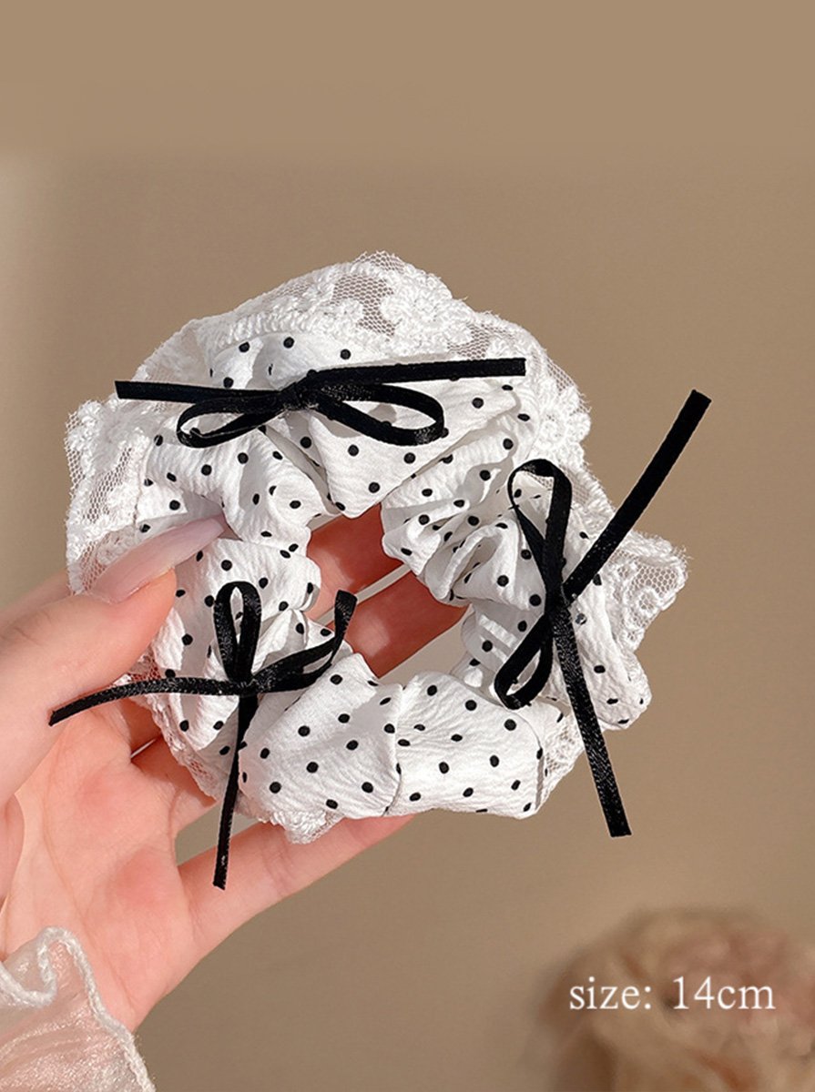 White Crinkle Polka Dot Scrunchie with Lace Ruffle Trim, 14cm