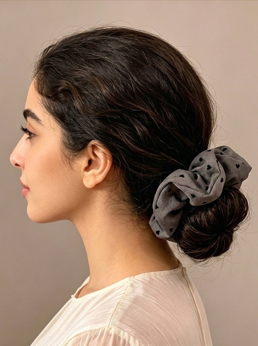 Dark Grey Twill Scrunchie with Flocked Heart Print, 14cm