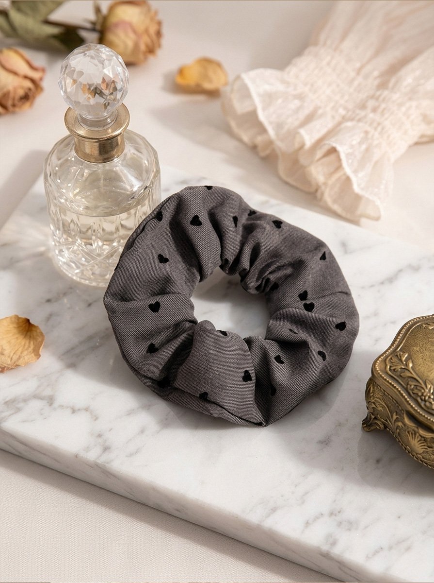 Dark Grey Twill Scrunchie with Flocked Heart Print, 14cm