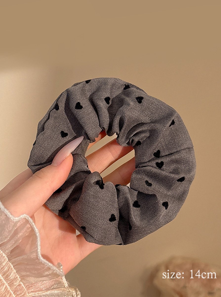 Dark Grey Twill Scrunchie with Flocked Heart Print, 14cm