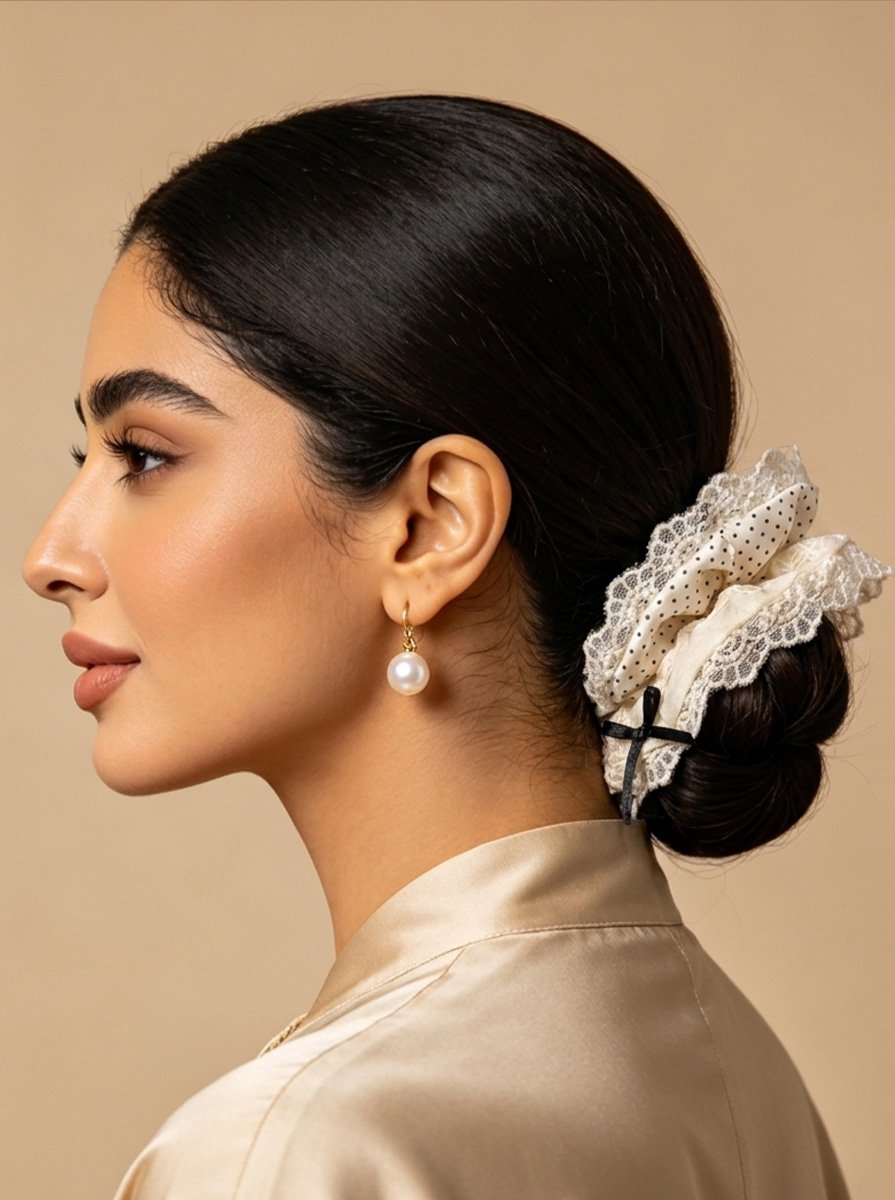 Cream Multi-layer Lace Polka Dot Spliced Scrunchie, 13cm