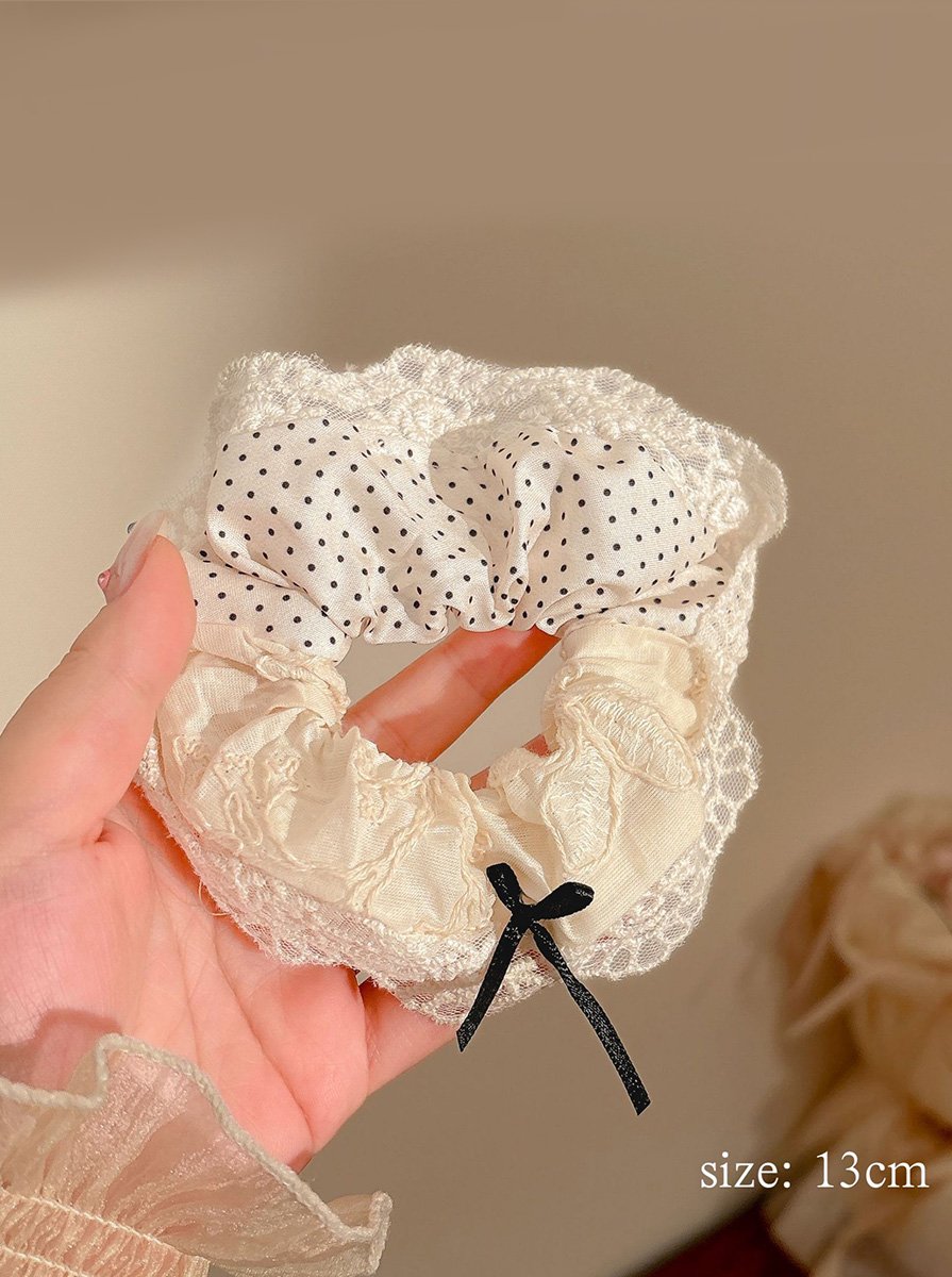 Cream Multi-layer Lace Polka Dot Spliced Scrunchie, 13cm