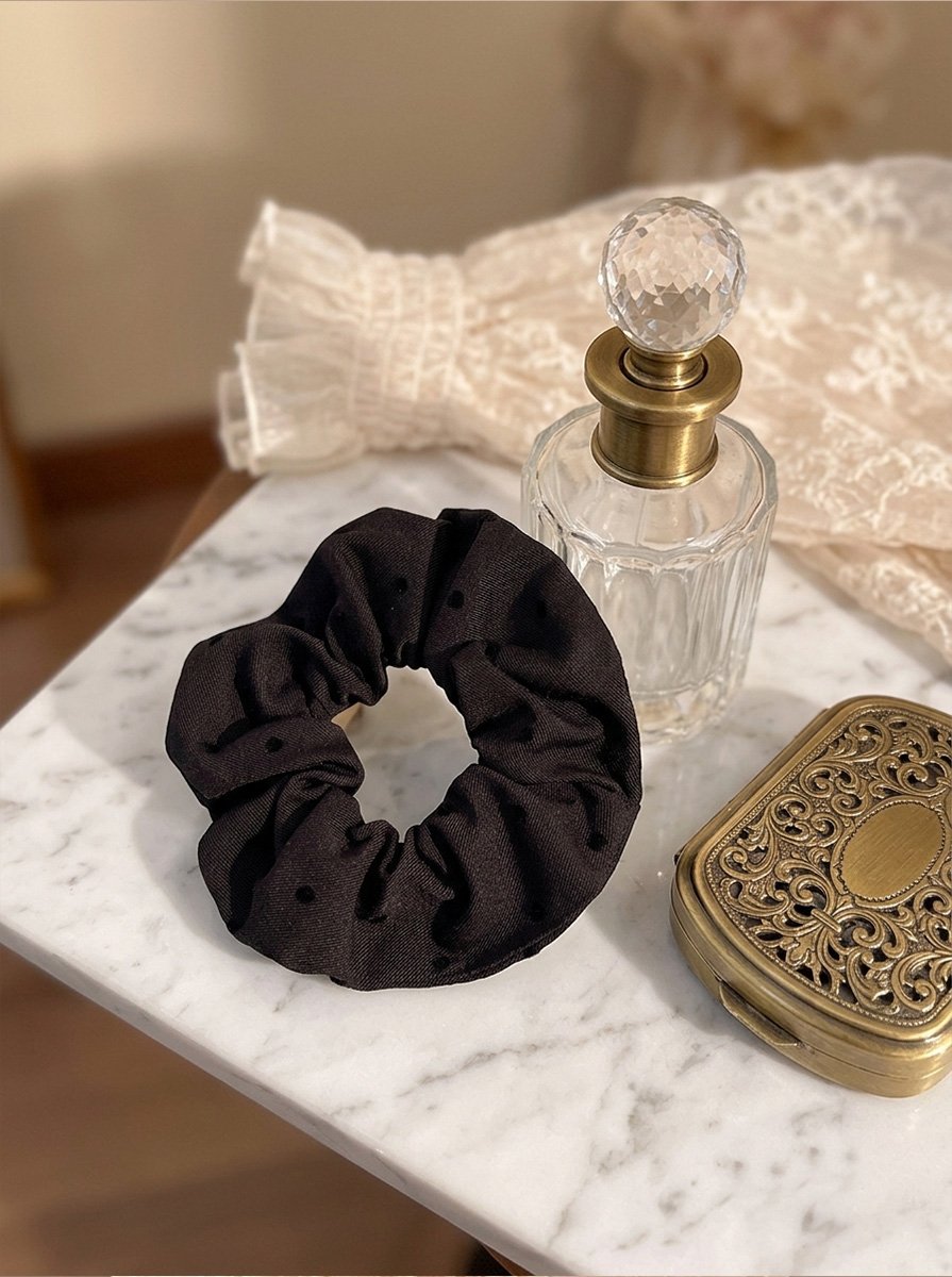 Black Twill Scrunchie with Flocked Polka Dot, 14cm