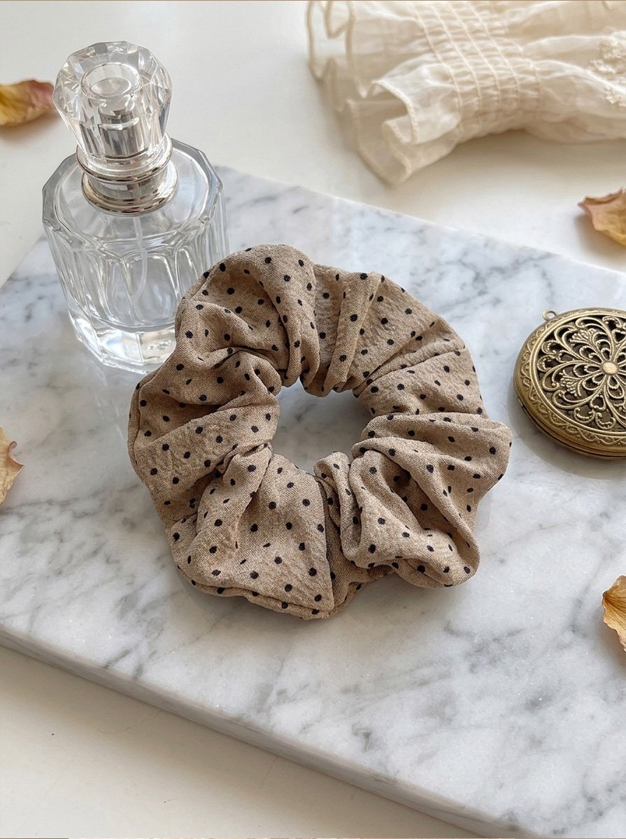 Khaki Polka Print Scrunchie, 14cm