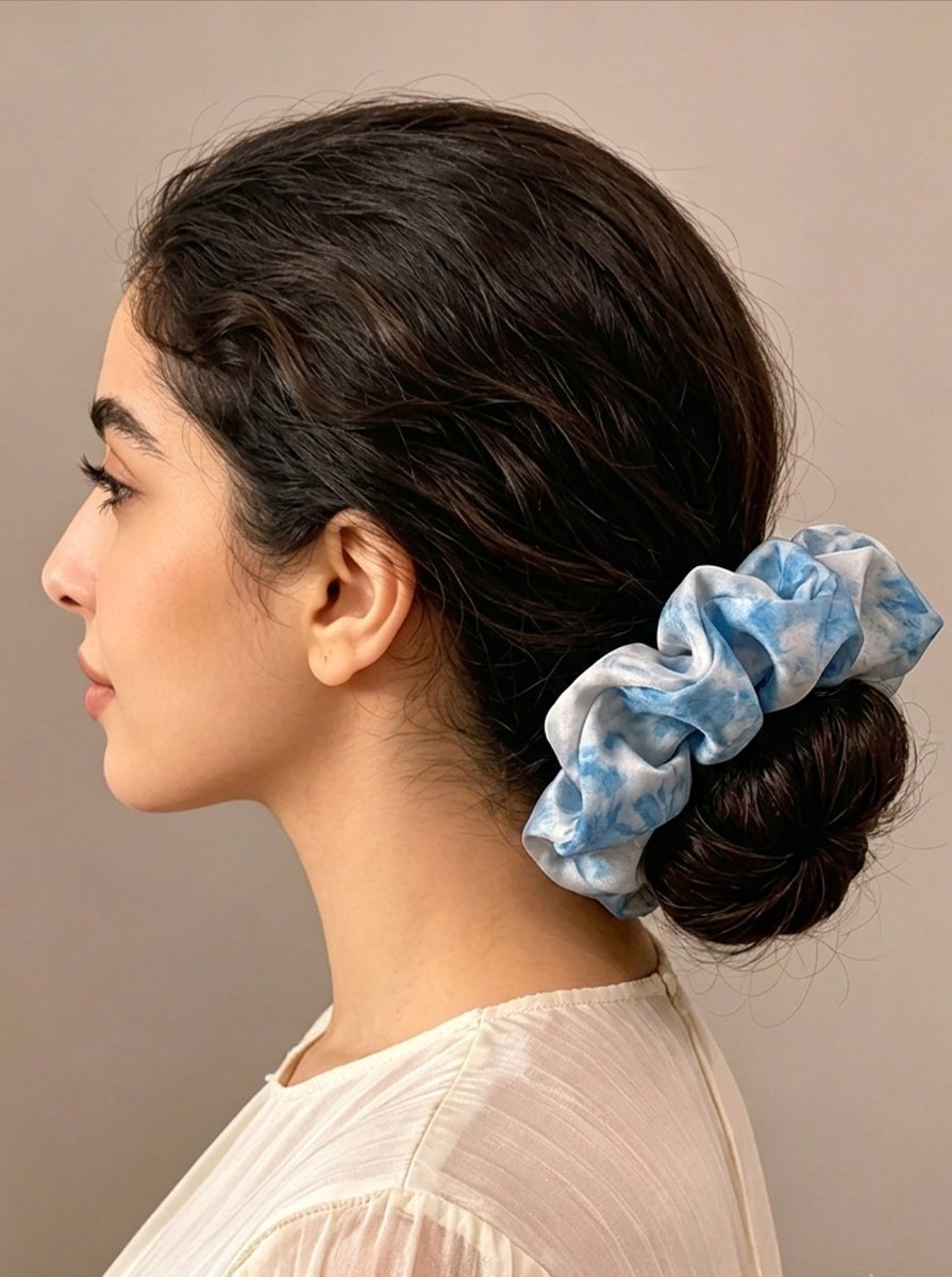 Blue Marble Tie-Dye Print Medium Scrunchie, 15cm