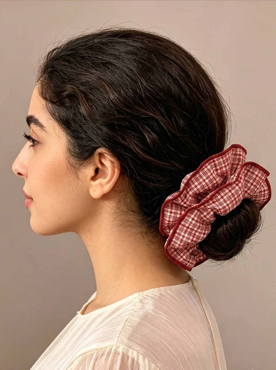 Red Mini Gingham Plaid Medium Scrunchie, 15cm