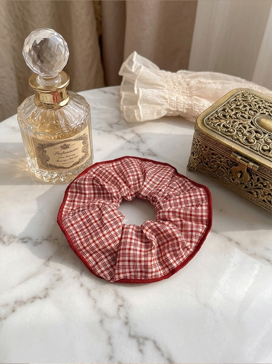Red Mini Gingham Plaid Medium Scrunchie, 15cm