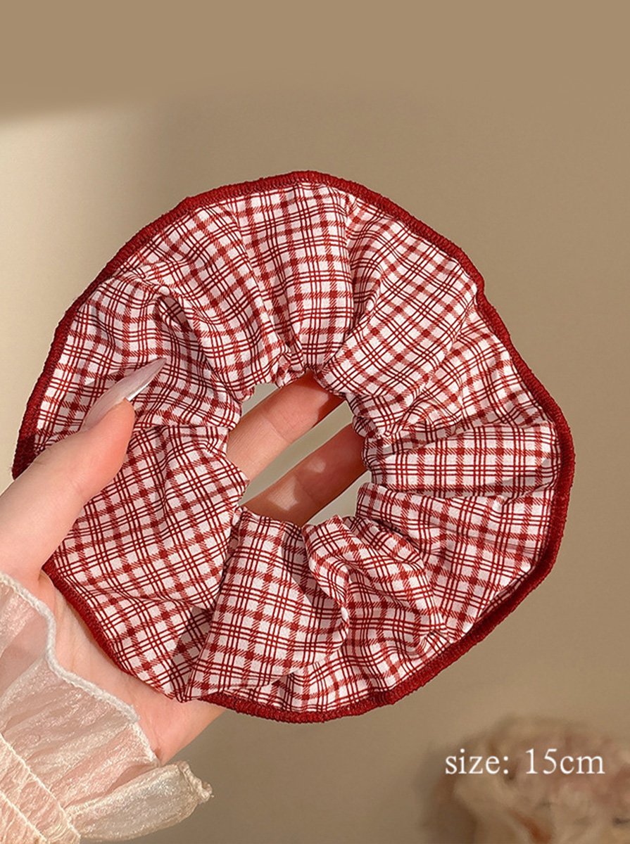 Red Mini Gingham Plaid Medium Scrunchie, 15cm
