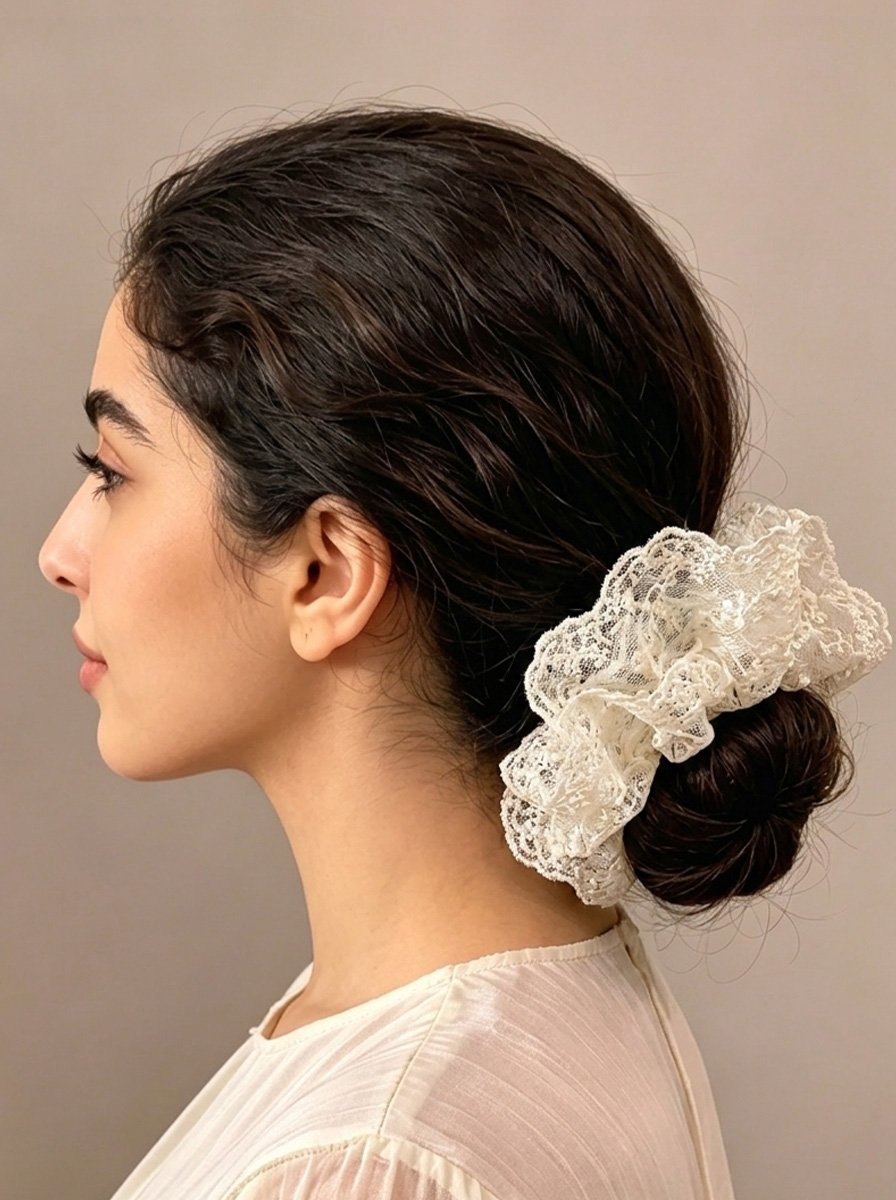 White Floral Embroidery Mesh Lace Scrunchie, 16cm