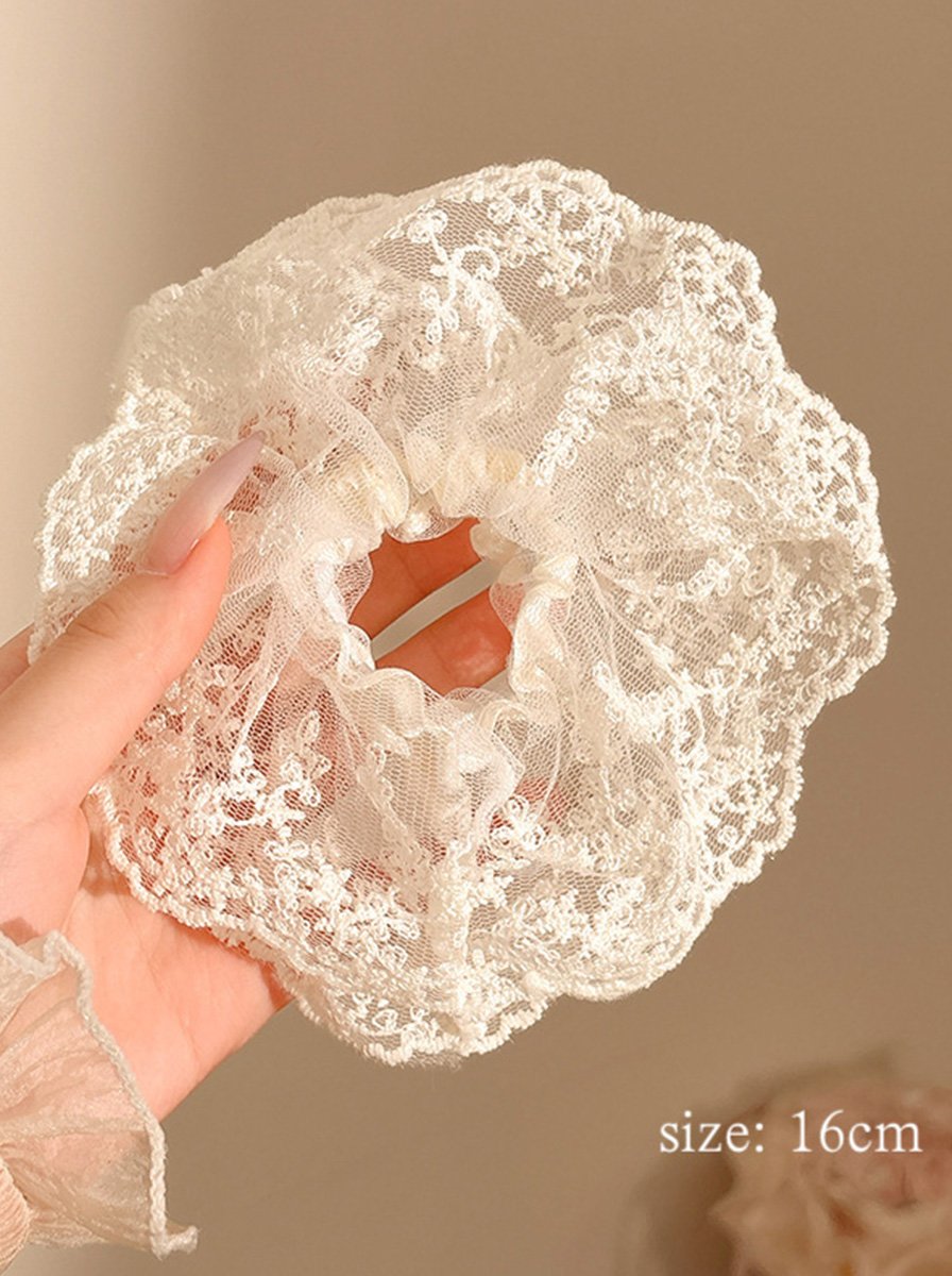 White Floral Embroidery Mesh Lace Scrunchie, 16cm
