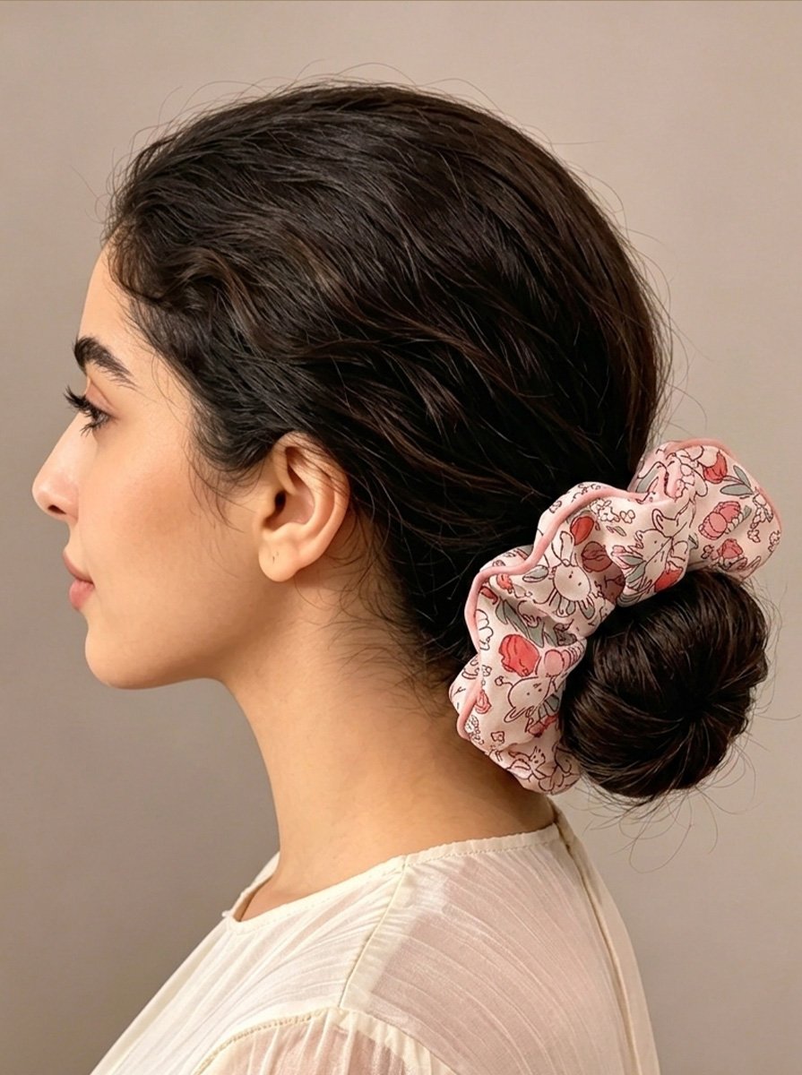 Pink Rabbit Tulip Print Medium Scrunchie, 14cm
