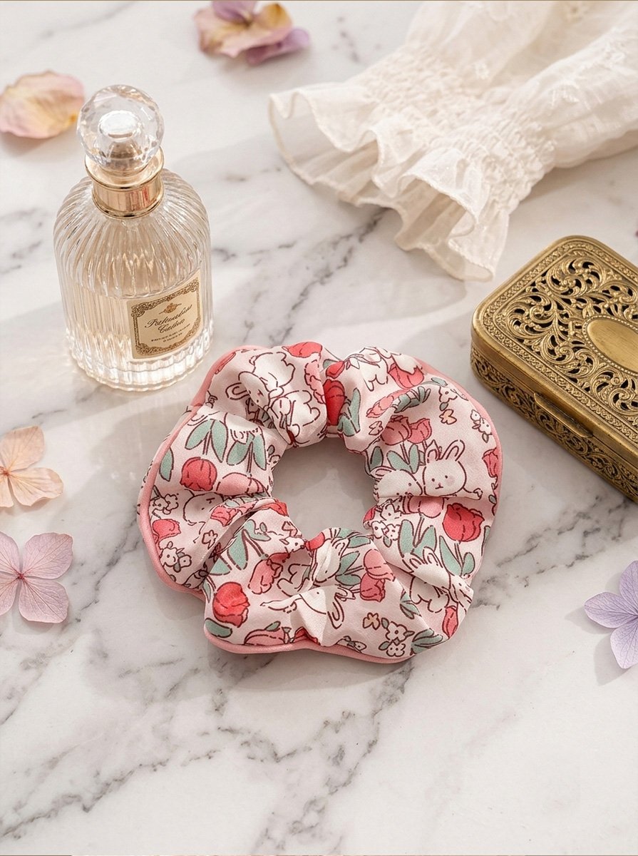 Pink Rabbit Tulip Print Medium Scrunchie, 14cm