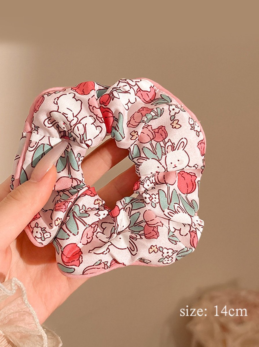 Pink Rabbit Tulip Print Medium Scrunchie, 14cm