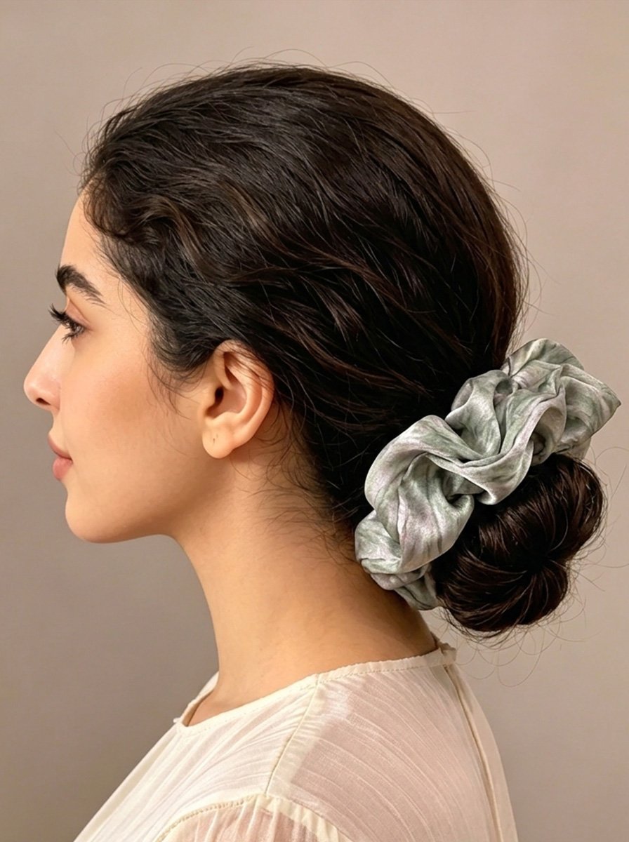 Muted Green Purple Ink Wash Tie-Dye Satin Medium Scrunchie, 13cm