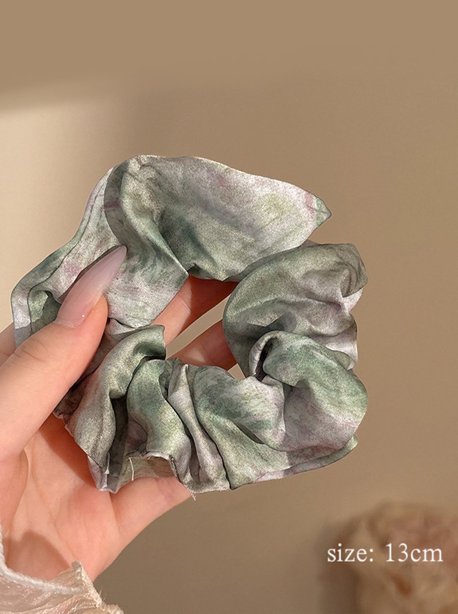 Muted Green Purple Ink Wash Tie-Dye Satin Medium Scrunchie, 13cm