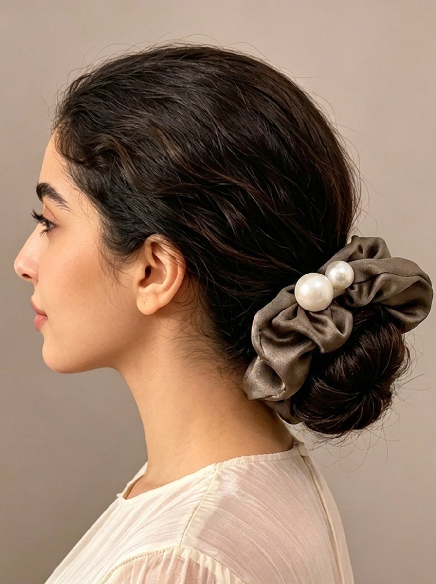 Coffee Brown Glossy Satin Medium Scrunchie with Pearl Decor, 14cm