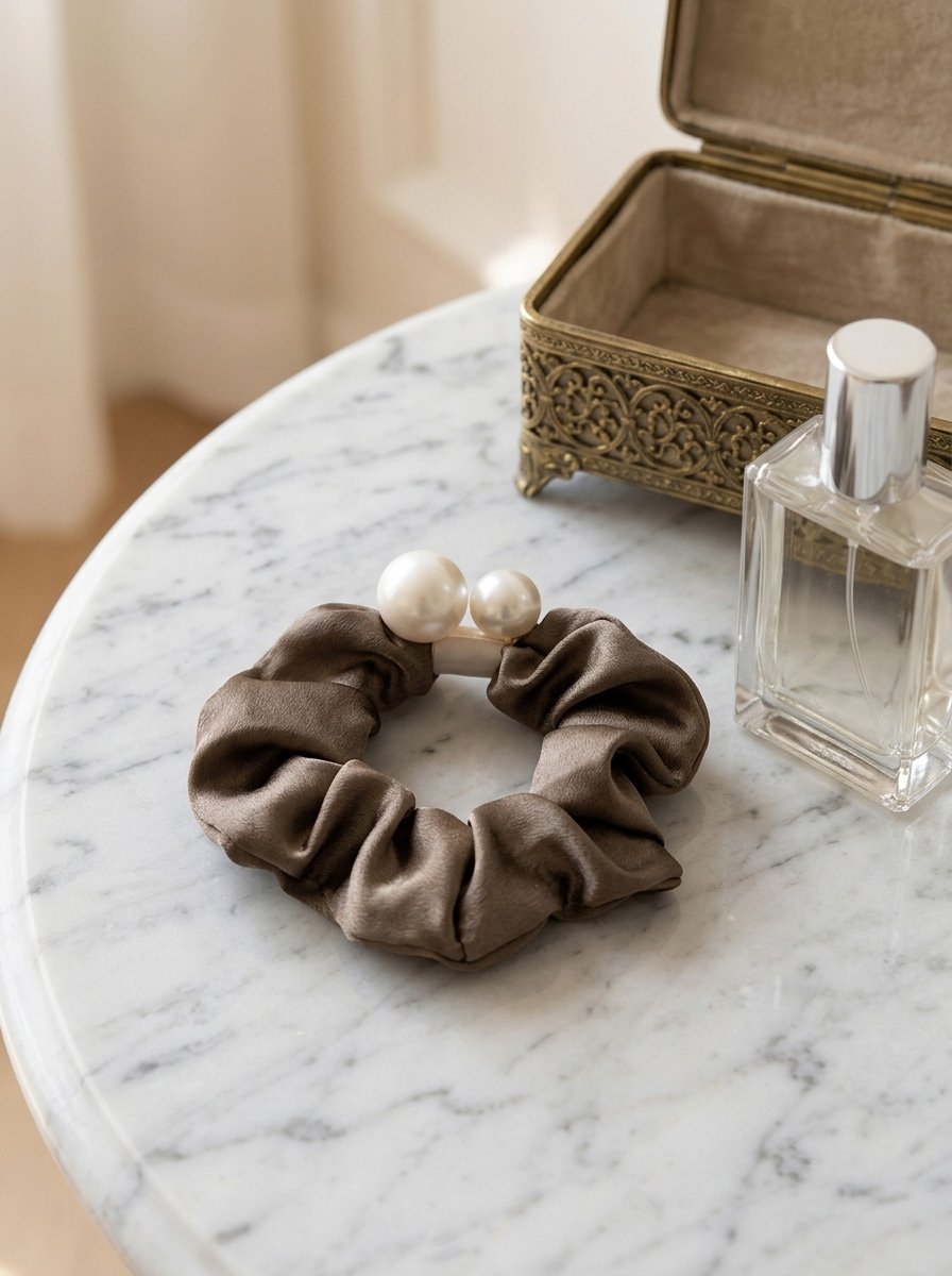 Coffee Brown Glossy Satin Medium Scrunchie with Pearl Decor, 14cm