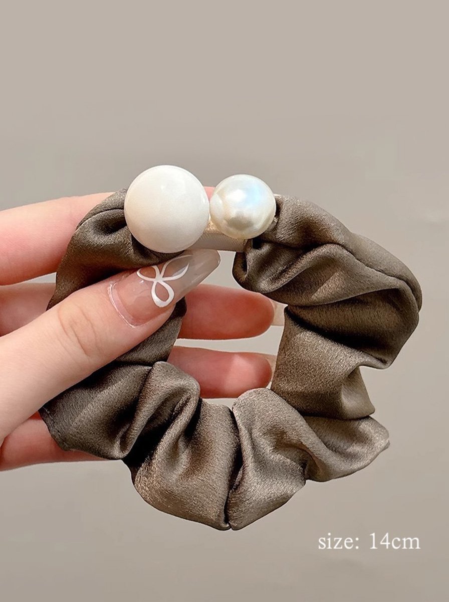 Coffee Brown Glossy Satin Medium Scrunchie with Pearl Decor, 14cm