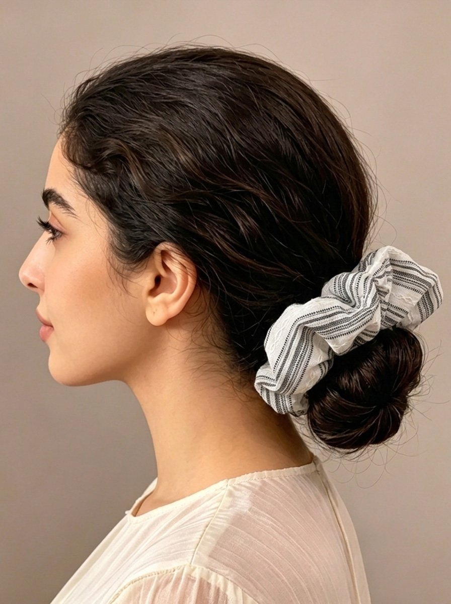 White Striped Medium Scrunchie, 14cm
