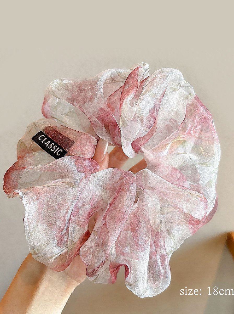 ربطة شعر سكرانشي أورجانزا شفاف وطبعة أزهار 18 سم