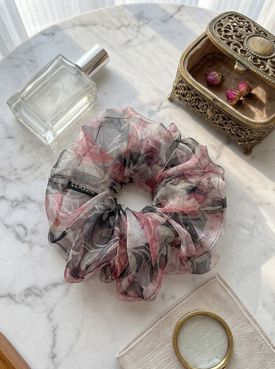 Oversized Retro Dark Floral Print Sheer Organza Scrunchie, 18cm
