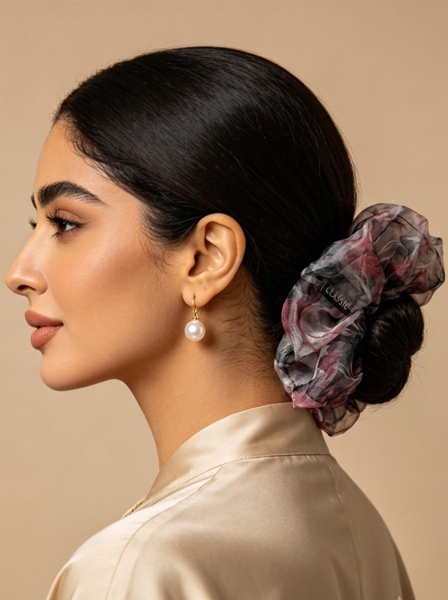 Oversized Retro Dark Floral Print Sheer Organza Scrunchie, 18cm