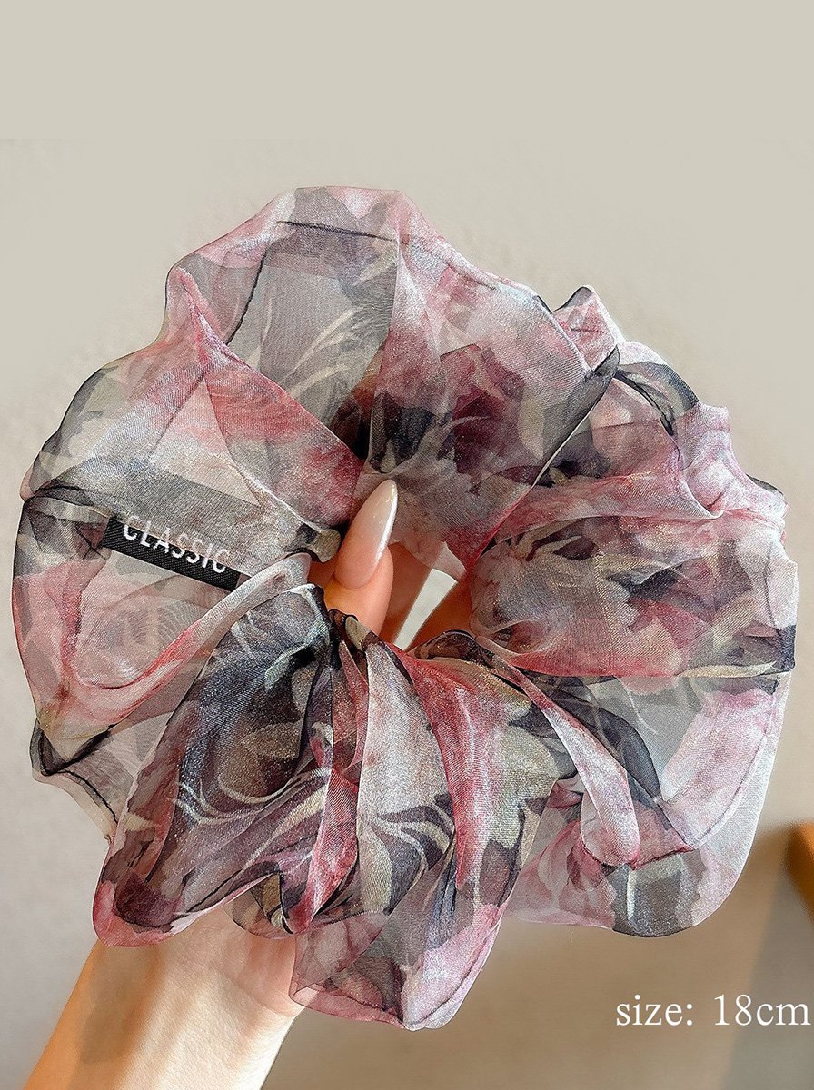 Oversized Retro Dark Floral Print Sheer Organza Scrunchie, 18cm