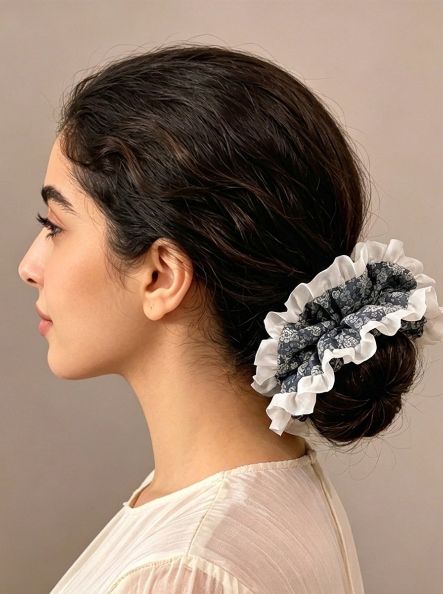 Dark Blue Ditsy Floral Oversized Scrunchie with Ruffle Fringe Trim, 17cm