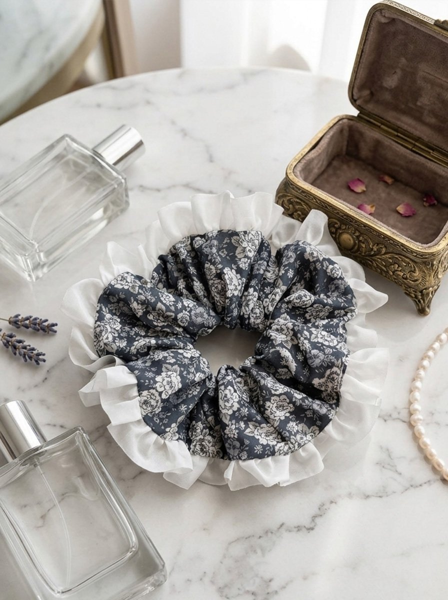 Dark Blue Ditsy Floral Oversized Scrunchie with Ruffle Fringe Trim, 17cm