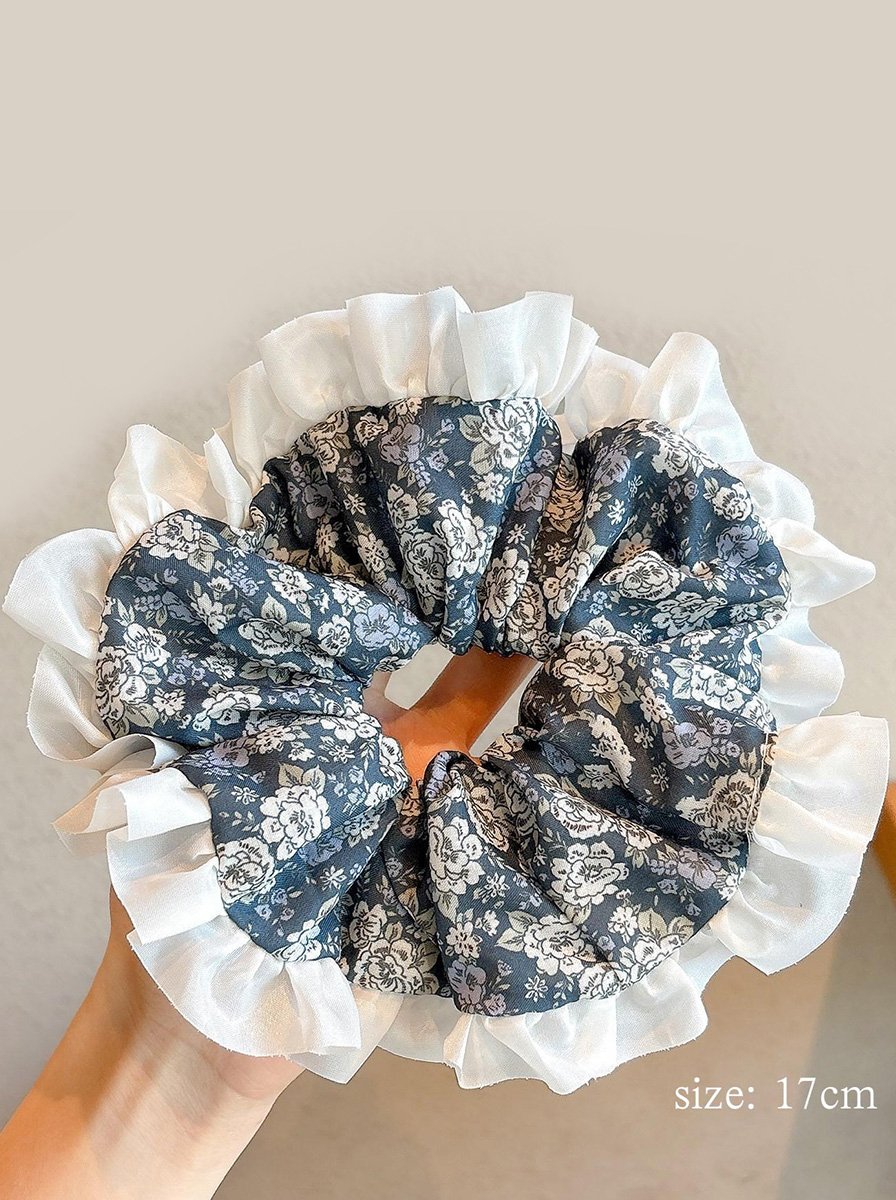 Dark Blue Ditsy Floral Oversized Scrunchie with Ruffle Fringe Trim, 17cm