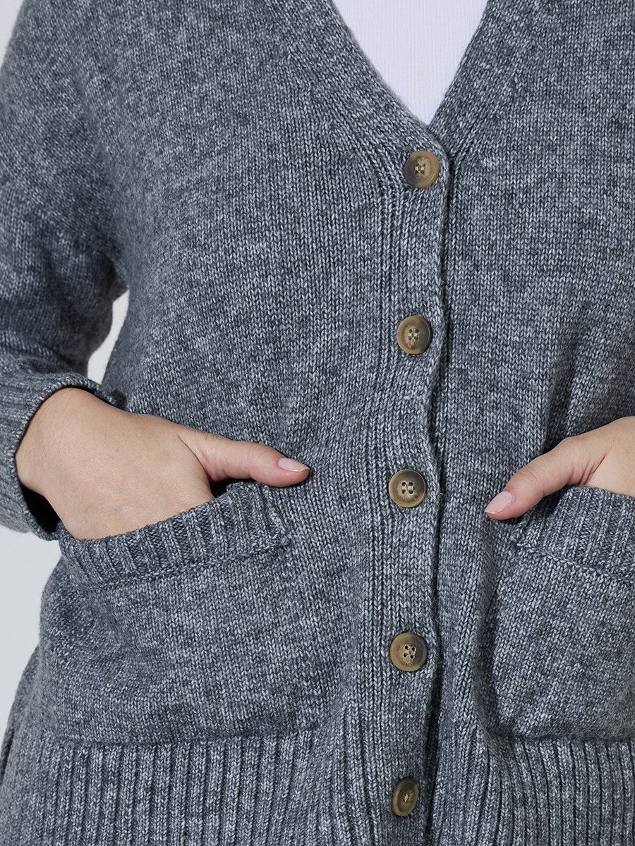 Grey Pocket Details V-Neck Regular Fit Cardigan