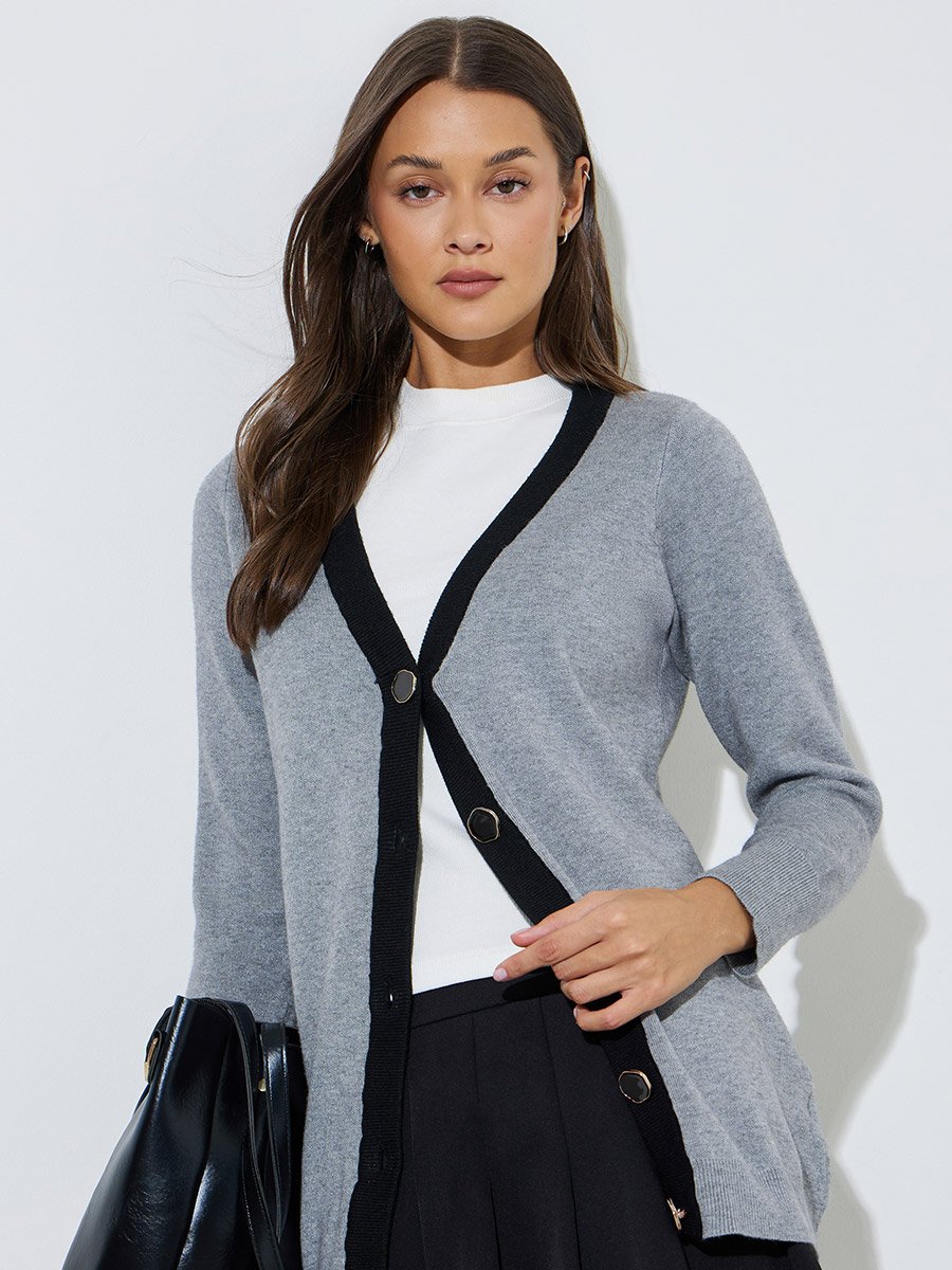 Grey Longline Contrast Trim Button-Up Cardigan