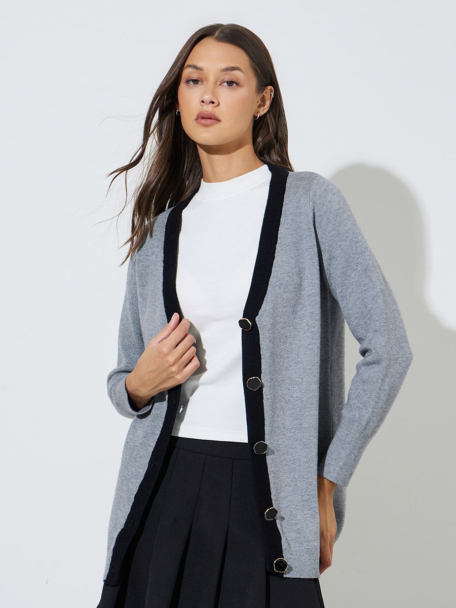 Grey Longline Contrast Trim Button-Up Cardigan