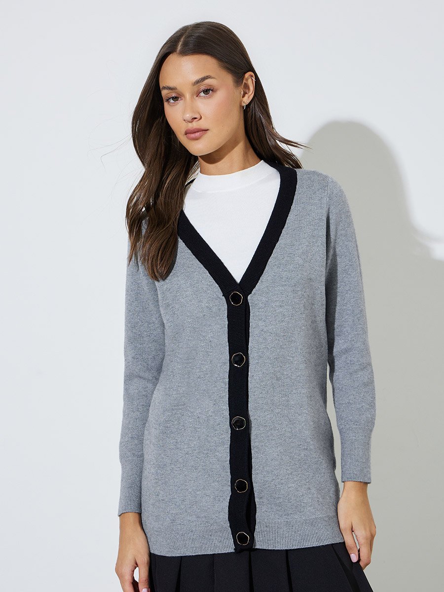 Grey Longline Contrast Trim Button-Up Cardigan