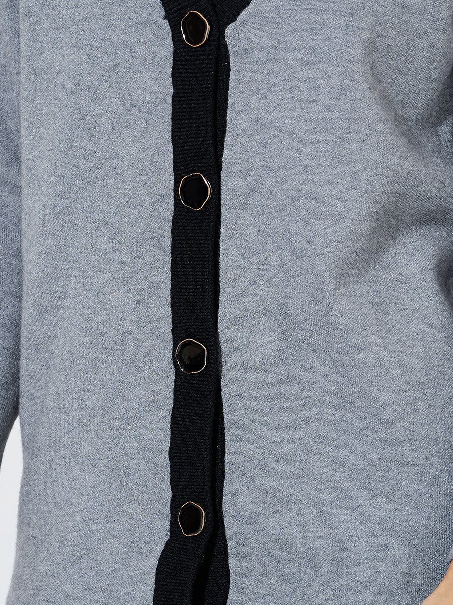 Grey Longline Contrast Trim Button-Up Cardigan