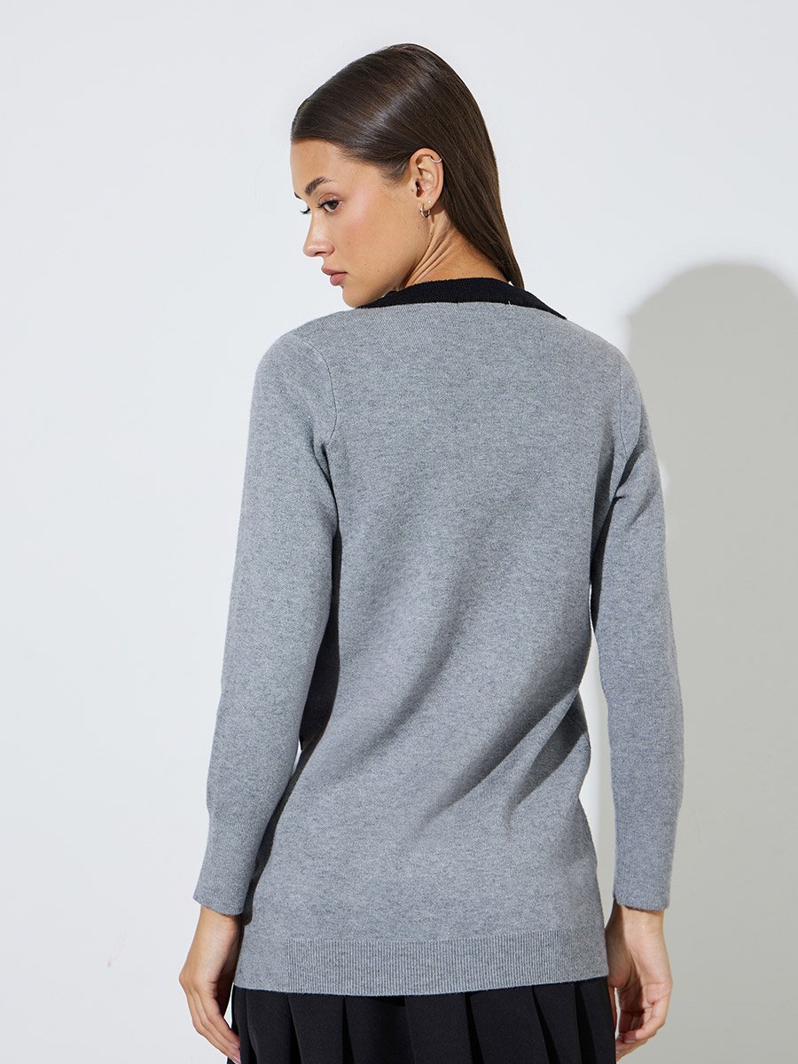 Grey Longline Contrast Trim Button-Up Cardigan
