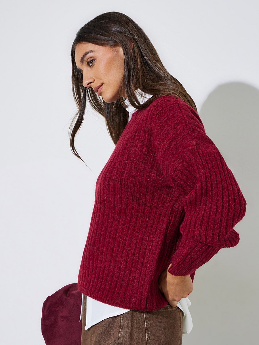 Red Ribbed Knit Round Neck Long Sleeves Sweater