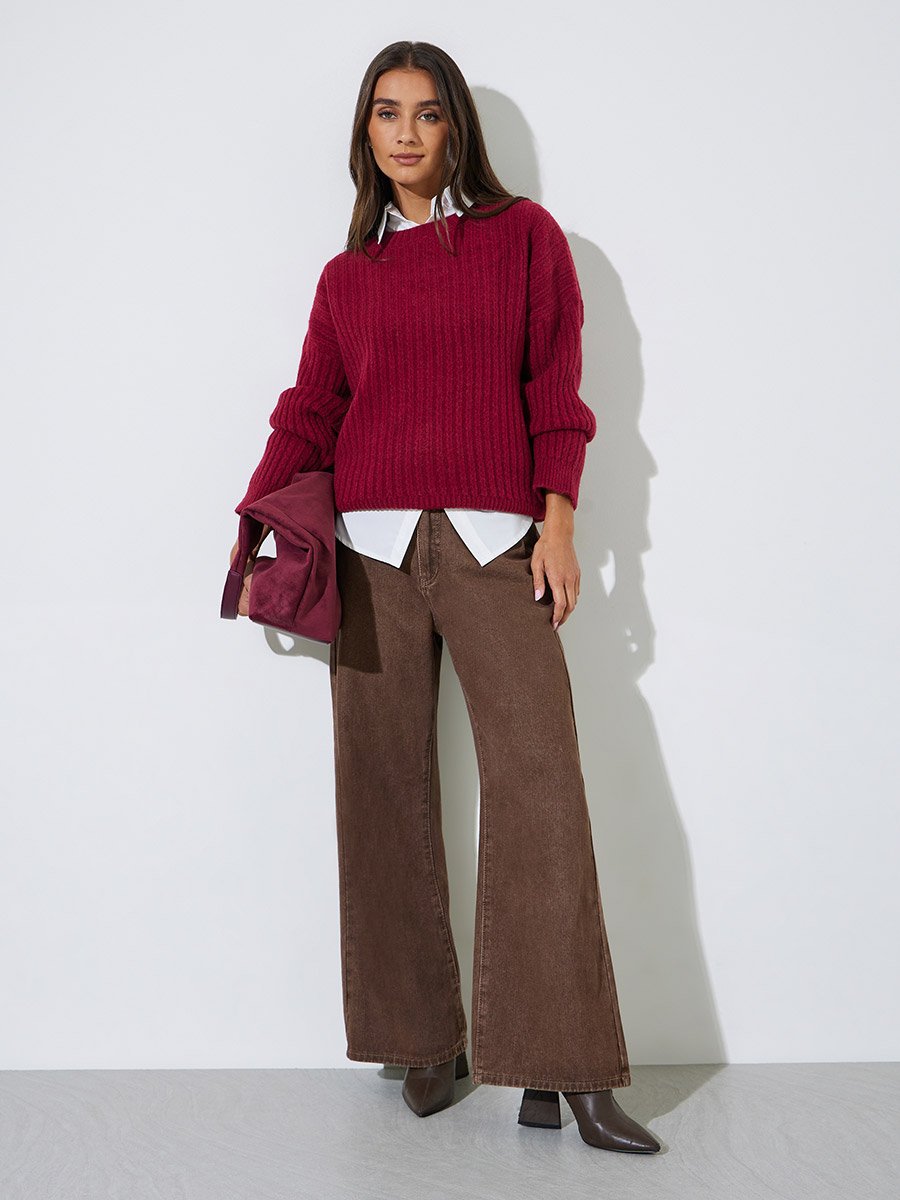 Red Ribbed Knit Round Neck Long Sleeves Sweater