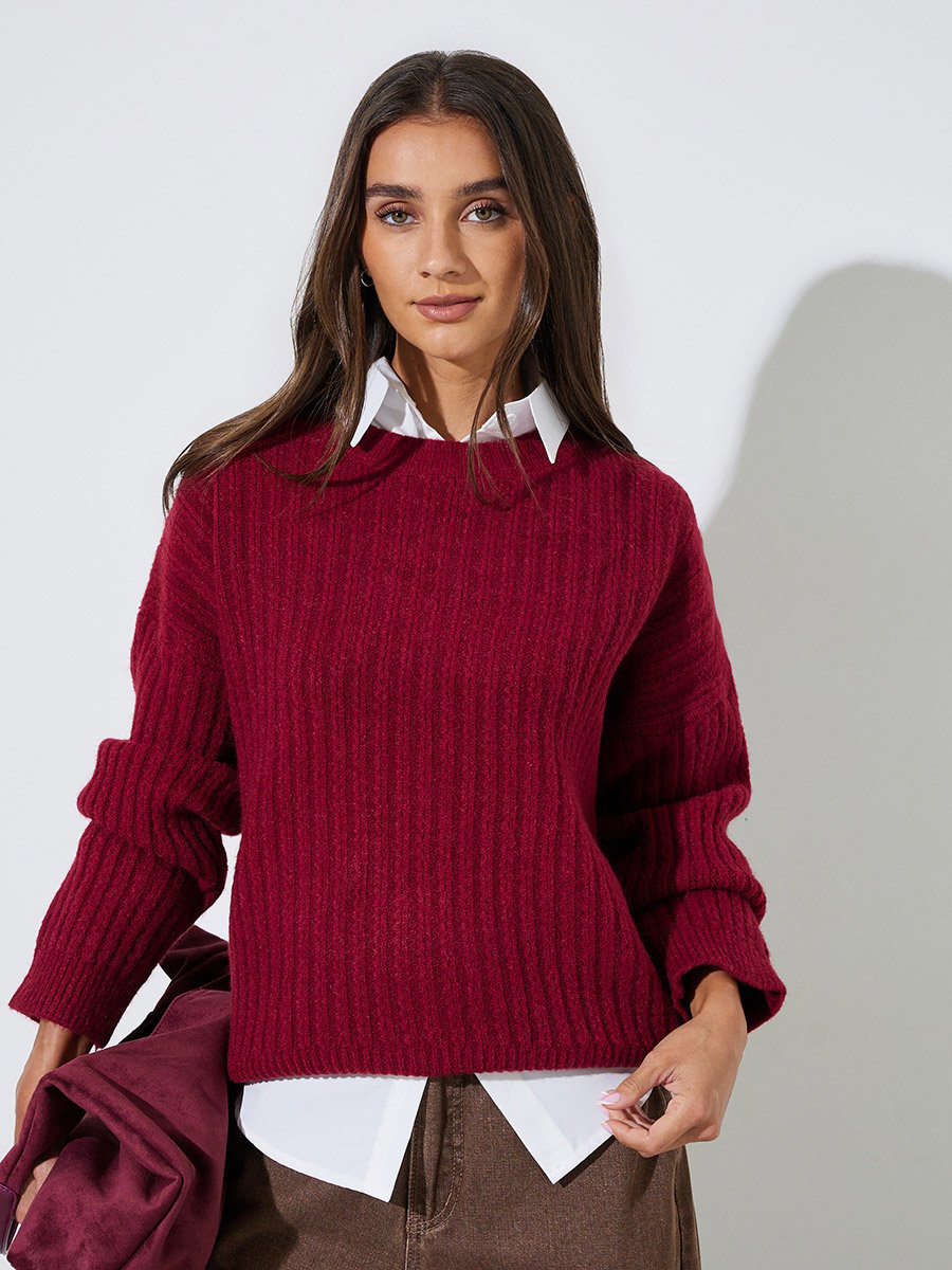 Red Ribbed Knit Round Neck Long Sleeves Sweater