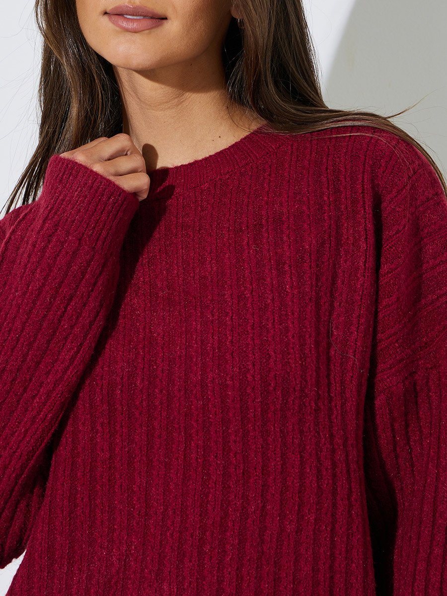 Red Ribbed Knit Round Neck Long Sleeves Sweater